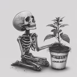 the skeleton is watering the potted plant