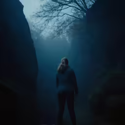 a woman standing in the middle of a forest at night