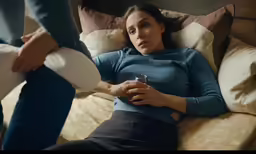 a woman sitting in a bed holding a phone