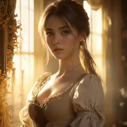 a very pretty lady wearing a dress by some windows