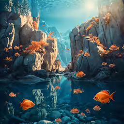 fishes swimming in the ocean water with rocks