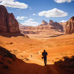 a man walks through a desert area with mountains and cliffs