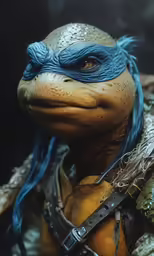 a close up of a turtle with a blue headdress
