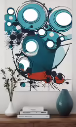 a blue abstract painting hangs on the wall above a brown table