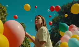 a young woman standing between balloons, and looking up