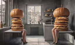 woman in black heels sitting on a counter with giant burgers on each side