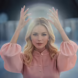 a woman in pink shirt holding her hands up