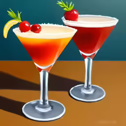 two drinks are seen, two are red with lemon and one is blue and has cherries