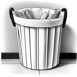 a drawing of a trash can filled with waste