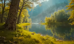 a painting of a lake and a forest