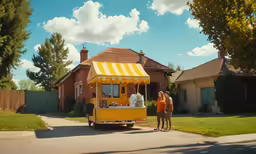 people at a food cart outside on a driveway