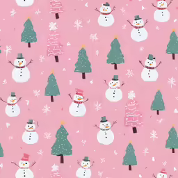 christmas themed pink paper with snowmen and trees