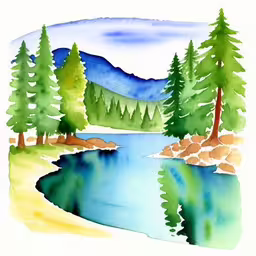 an illustration of some water and trees in the background