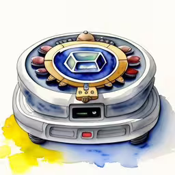 a digital device is shown in this watercolor painting,a drawing of an electronic device on top of a yellow, blue and red spot