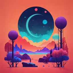 an illustration of a landscape with trees, plants and a body of water,digital art of planets over a colorful landscape
