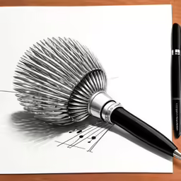 a brush and fountain pen next to drawing papers