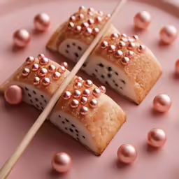 some food with silver beads on a pink plate