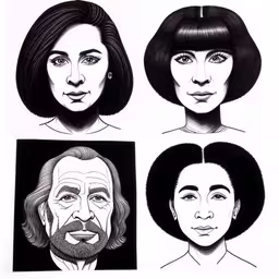 three women with long black hair and two with short straight hair,a group of people with black and white hair,four heads with different hairs and different eyebrows,four black and white portraits of people with long hair,an image of four woman