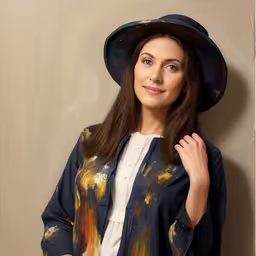 a woman posing for a picture in front of a brown wall