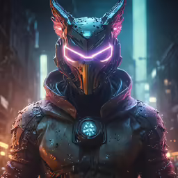 a man with neon colored eyes and a helmet, standing in a city