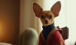 a chihuahua sitting in a chair with a sweater on