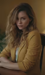 a woman sitting at a table with her arms crossed