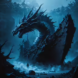 a fantasy dragon statue surrounded by trees