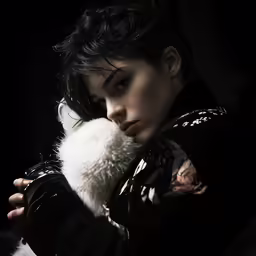 a woman standing with a fur ball glove in her hand