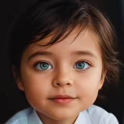 a little girl with blue eyes wearing a white shirt