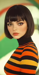 a portrait of a girl with straight hair and orange and black stripe shirt