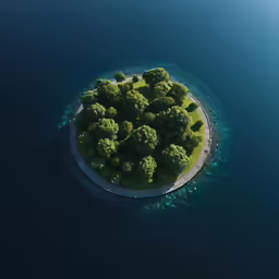 an aerial view of a small island with trees on the water
