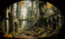 an old looking building in the woods with steps leading to it