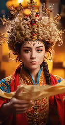the princess is wearing elaborate hair with big curls