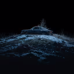 the van is parked on top of a snowy hill