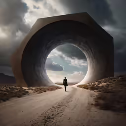 a man standing alone in a desert under an overcast sky