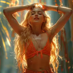 woman with long hair in a bikini posing for a portrait,a woman wearing an orange bikini top is holding her hands on her head