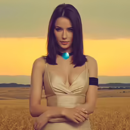 a woman in a tan dress standing in a field