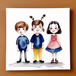 three little kids are standing together holding hands,three friends are all wearing blue and yellow clothes,a card depicting three children with brown hair and a red nose,a painting on a canvas of three children,a couple of kids standing next to each other