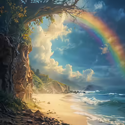 an image of a rainbow near the ocean