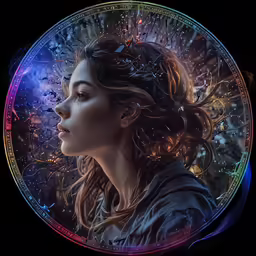 a woman with her hair up and in the center is a circle