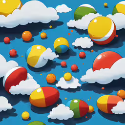 some clouds are floating above a blue sky,there is an artistic scene with colored balls flying