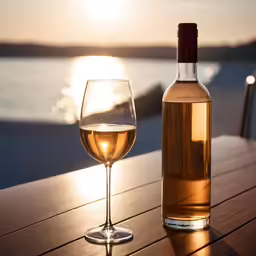 a glass of wine on the table next to a bottle