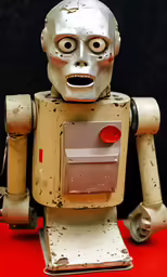 a robot standing in a red and black room