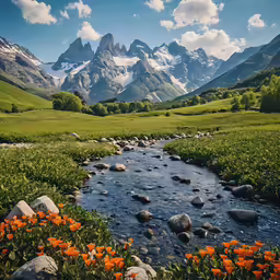 a valley with flowers, rocks, and a mountain behind it