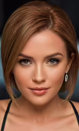 a woman with shoulder length bobble hair and brown eyes