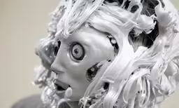 an image of a head statue made of hair and strings