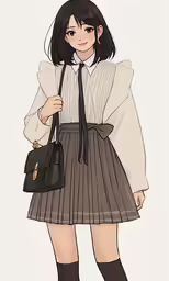 the girl with black hair wearing a short dress and holding a handbag