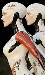 two white plastic mannequins with arms and legs that have red and black details
