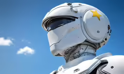 the head and shoulders of a robot wearing a white helmet