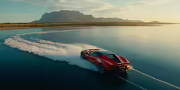 a red sports car driving through water next to mountains